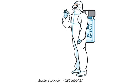Hero of medical EMS worker in white protective suit during coronavirus pandemic concept. Illustration, shape, line, art, graphic retro style in vector isolated on background.