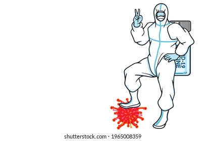 Hero of medical EMS worker in white protective suit during coronavirus pandemic concept. Illustration, shape, line, art, graphic retro style in vector isolated on background.