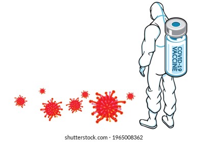 Hero of medical EMS worker in white protective suit during coronavirus pandemic concept. Illustration, shape, line, art, graphic retro style in vector isolated on background.