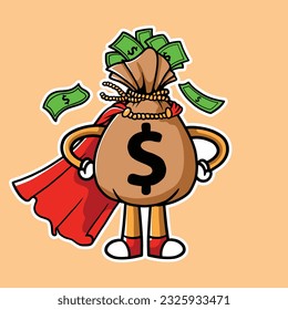 A Hero Money bag with dollar icon. Cash, interest rate, business and finance, return on investment, financial solution, prepayment and down payment concept. Cartoon minimal style.