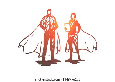 Hero, network, social, male, woman concept. Hand drawn man and woman in superhero dress concept sketch. Isolated vector illustration.