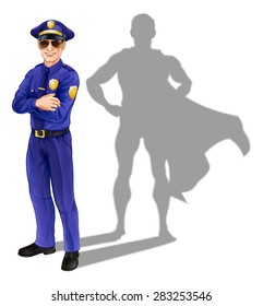 Hero policeman concept. A conceptual illustration of a policeman standing with his shadow in the shape of a superhero