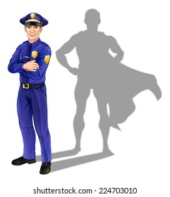 Hero policeman concept, illustration of a confident handsome policeman or police officer standing with his arms folded with superhero shadow