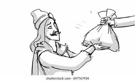 Hero or prince receiving money Vector sketch for storyboard, projects, cartoons