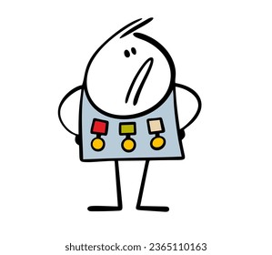 Hero proudly raised his head, hung the medals on his chest. Vector illustration of an arrogant character, a participant in battles, with a reward. Cute doodle person isolated on white background.