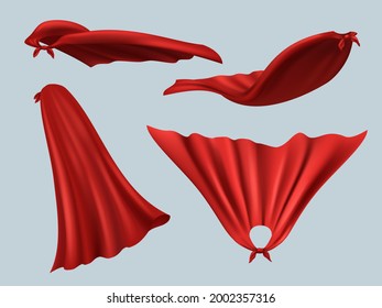 Hero red cape. Masquerade textile costume cape from silk fashion clothes with creases templates for superheroes decent vector realistic mockup