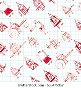 Hero seamless pattern. Adorable child's drawing with school pen. Cute hero hand drawn with red ink on math paper background. Boy hero seamless pattern for textile or wrapping paper.