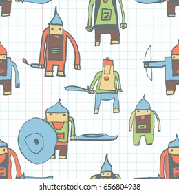 Hero seamless pattern. Astonishing child's drawing with school pen. Cute hero hand drawn with color on math paper background. Boy hero seamless pattern for textile or wrapping paper.