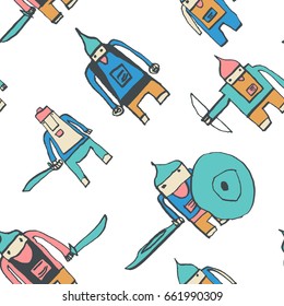 Hero seamless pattern. Beautiful child's drawing with school pen. Cute hero hand drawn with colorful on white background. Boy hero seamless pattern for textile or wrapping paper.