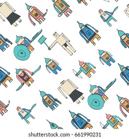 Hero seamless pattern. Brilliant child's drawing with school pen. Cute hero hand drawn with colorful on white background. Boy hero seamless pattern for textile or wrapping paper.