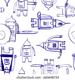Hero seamless pattern. Cool child's drawing with school pen. Cute hero hand drawn with blue ink on white background. Boy hero seamless pattern for textile or wrapping paper.