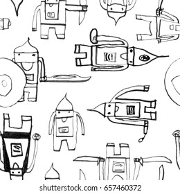 Hero seamless pattern. Delightful child's drawing with school pen. Cute hero hand drawn with black ink on white background. Boy hero seamless pattern for textile or wrapping paper.