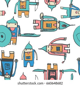 Hero seamless pattern. Extraordinary child's drawing with school pen. Cute hero hand drawn with colorful on white background. Boy hero seamless pattern for textile or wrapping paper.