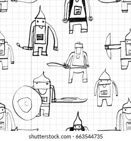 Hero seamless pattern. Fair child's drawing with school pen. Cute hero hand drawn with black ink on math paper background. Boy hero seamless pattern for textile or wrapping paper.