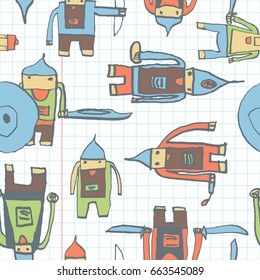 Hero seamless pattern. Fetching child's drawing with school pen. Cute hero hand drawn with color on math paper background. Boy hero seamless pattern for textile or wrapping paper.