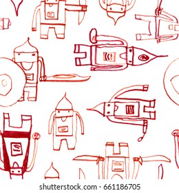Hero seamless pattern. Fine child's drawing with school pen. Cute hero hand drawn with red ink on white background. Boy hero seamless pattern for textile or wrapping paper.