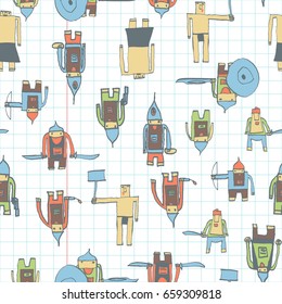 Hero seamless pattern. Glamorous child's drawing with school pen. Cute hero hand drawn with color on math paper background. Boy hero seamless pattern for textile or wrapping paper.
