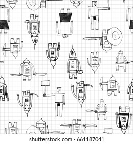 Hero seamless pattern. Good-looking child's drawing with school pen. Cute hero hand drawn with black ink on math paper background. Boy hero seamless pattern for textile or wrapping paper.