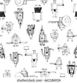 Hero seamless pattern. Gorgeous child's drawing with school pen. Cute hero hand drawn with black ink on white background. Boy hero seamless pattern for textile or wrapping paper.