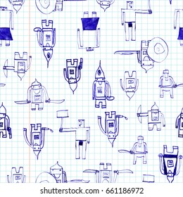 Hero seamless pattern. Graceful child's drawing with school pen. Cute hero hand drawn with blue ink on math paper background. Boy hero seamless pattern for textile or wrapping paper.