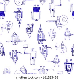 Hero seamless pattern. Lovely child's drawing with school pen. Cute hero hand drawn with blue ink on white background. Boy hero seamless pattern for textile or wrapping paper.