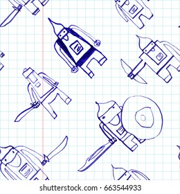 Hero seamless pattern. Magnetic child's drawing with school pen. Cute hero hand drawn with blue ink on math paper background. Boy hero seamless pattern for textile or wrapping paper.