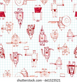Hero seamless pattern. Magnificent child's drawing with school pen. Cute hero hand drawn with red ink on math paper background. Boy hero seamless pattern for textile or wrapping paper.