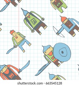 Hero seamless pattern. Majestic child's drawing with school pen. Cute hero hand drawn with color on math paper background. Boy hero seamless pattern for textile or wrapping paper.