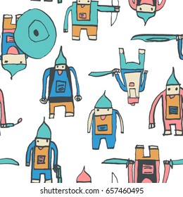 Hero seamless pattern. Memorable child's drawing with school pen. Cute hero hand drawn with colorful on white background. Boy hero seamless pattern for textile or wrapping paper.