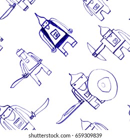 Hero seamless pattern. Mesmeric child's drawing with school pen. Cute hero hand drawn with blue ink on white background. Boy hero seamless pattern for textile or wrapping paper.