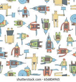 Hero seamless pattern. Mind-blowing child's drawing with school pen. Cute hero hand drawn with color on white background. Boy hero seamless pattern for textile or wrapping paper.