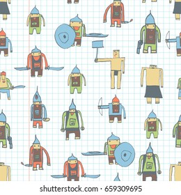 Hero seamless pattern. Neat child's drawing with school pen. Cute hero hand drawn with color on math paper background. Boy hero seamless pattern for textile or wrapping paper.