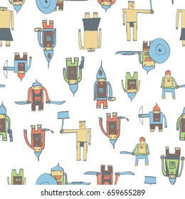 Hero seamless pattern. Overwhelming child's drawing with school pen. Cute hero hand drawn with color on white background. Boy hero seamless pattern for textile or wrapping paper.