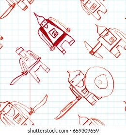 Hero seamless pattern. Pleasant child's drawing with school pen. Cute hero hand drawn with red ink on math paper background. Boy hero seamless pattern for textile or wrapping paper.