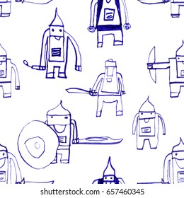 Hero seamless pattern. Radiant child's drawing with school pen. Cute hero hand drawn with blue ink on white background. Boy hero seamless pattern for textile or wrapping paper.