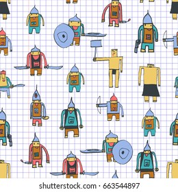 Hero seamless pattern. Rare child's drawing with school pen. Cute hero hand drawn with colorful on math paper background. Boy hero seamless pattern for textile or wrapping paper.