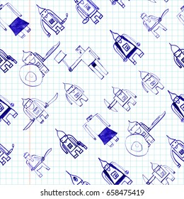 Hero seamless pattern. Sublime child's drawing with school pen. Cute hero hand drawn with blue ink on math paper background. Boy hero seamless pattern for textile or wrapping paper.