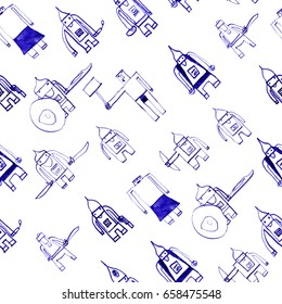 Hero seamless pattern. Symmetrical child's drawing with school pen. Cute hero hand drawn with blue ink on white background. Boy hero seamless pattern for textile or wrapping paper.