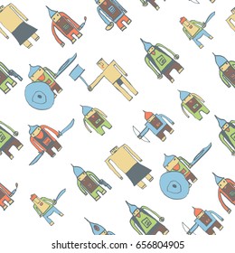 Hero seamless pattern. Terrific child's drawing with school pen. Cute hero hand drawn with color on white background. Boy hero seamless pattern for textile or wrapping paper.