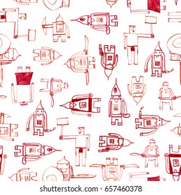 Hero seamless pattern. Unusual child's drawing with school pen. Cute hero hand drawn with red ink on white background. Boy hero seamless pattern for textile or wrapping paper.