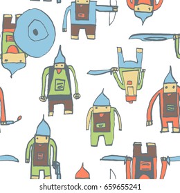 Hero seamless pattern. Wondrous child's drawing with school pen. Cute hero hand drawn with color on white background. Boy hero seamless pattern for textile or wrapping paper.