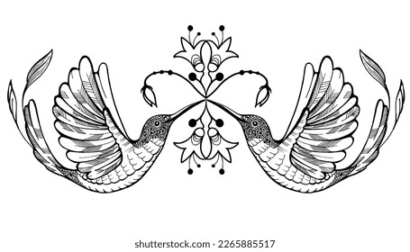 Hero section with humming bird. Transparent black ink picture. For web, note, cover.  Web template for Website.