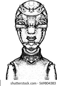 hero with a severe character drawn on paper. alien portrait. 