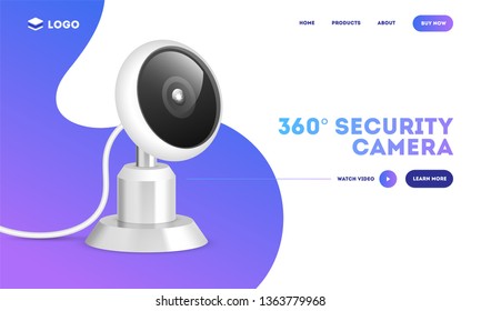Hero shot with futuristic gadgets 360 smart camera on abstract background.