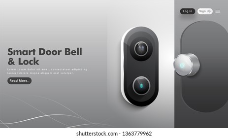 Hero shot with smart doorbell and lock button on grey background.