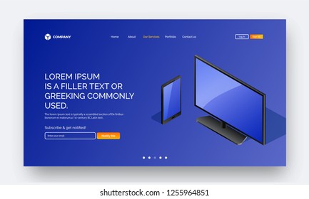 Hero shots with computer screen and smart tablet on blue background.