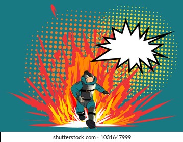 Hero soldier Pop art style comic art and halftone vector.Bomb Disposal Expert comic vector.pop art Man in EOD Suit with balloon.Action of soldier with fire.