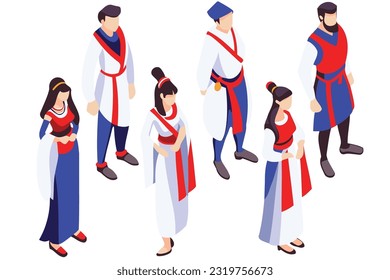 Hero standing warrior and princess heroic figures. Isometric characters illustration in flat style.