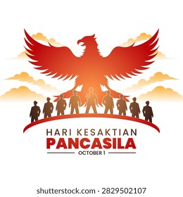 Hero statues and the red Garuda honor Pancasila Sanctity Day beneath orange clouds and sunlight