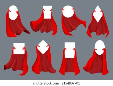 Hero and super hero cartoon red capes and cloaks. Vector silk fabric mantles of superhero, vampire, king or magician costume with flying and flowing flaps, isolated capes with blank white signs